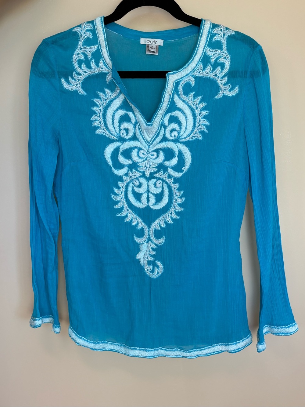 Cache Embroidered V-Neck Tunic Top - Turquoise